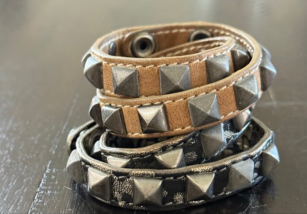 Rebecca Minkoff Studded Leather Double Wrap Bracelets Set of 2 black/silver tan